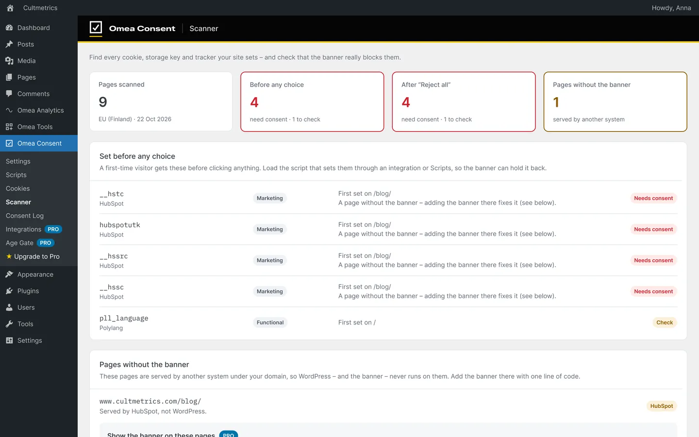 Omea Consent cloud scan result showing cookies set before any choice, after Reject all, and pages without the banner
