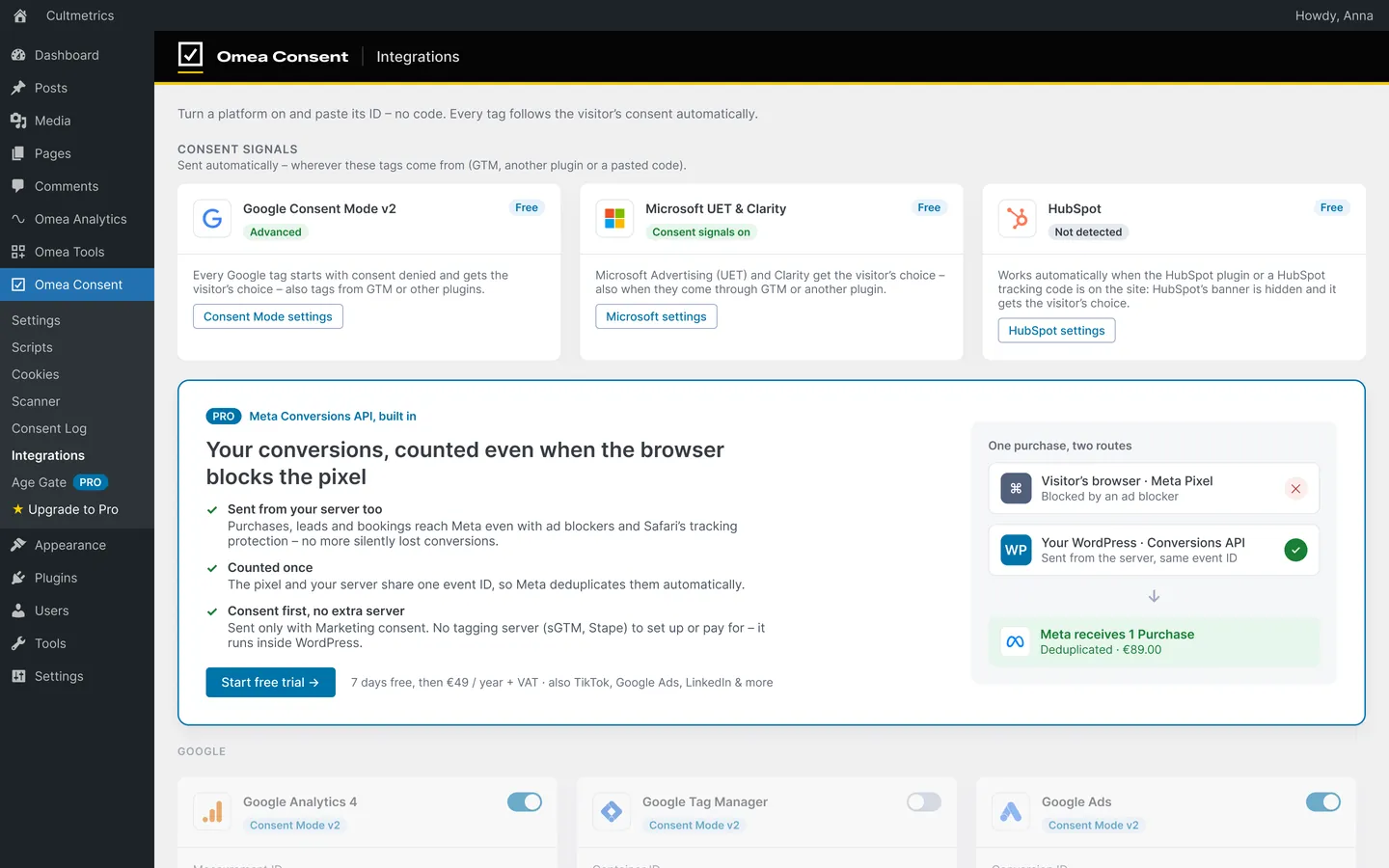 Omea Consent Integrations screen with consent signals and platform cards