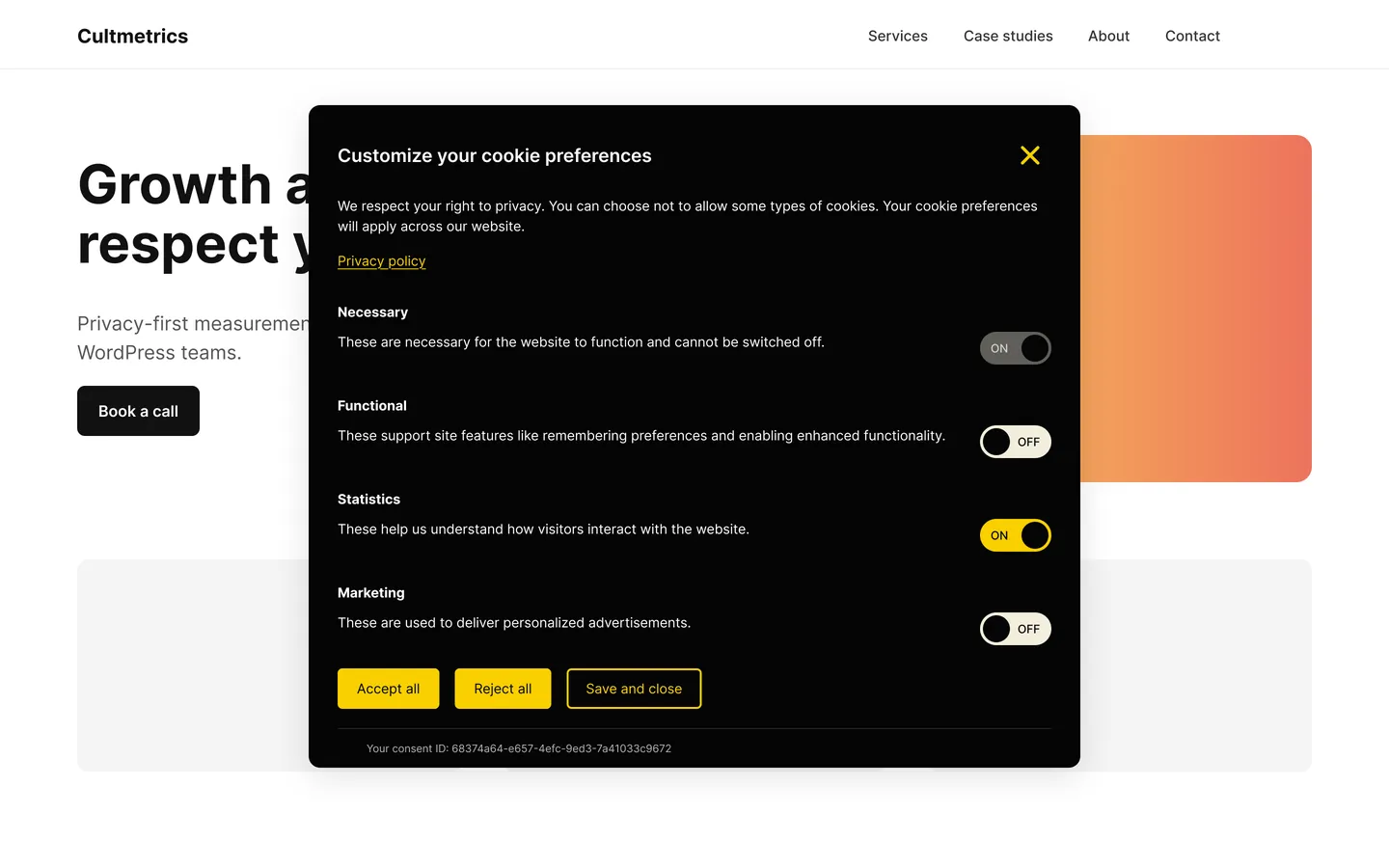 The Omea Consent preferences window with a switch per category and the visitor's consent ID